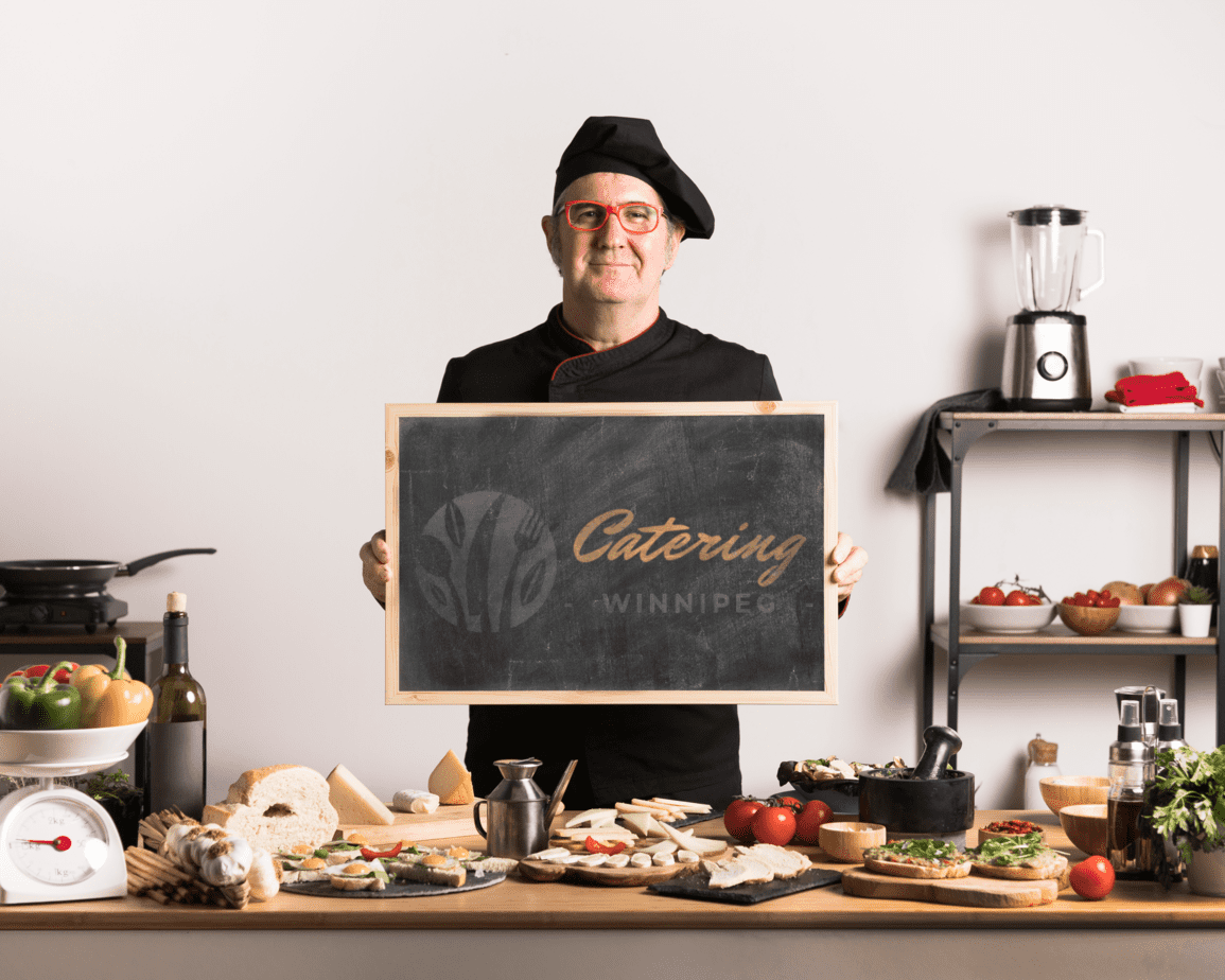man holding catering sign